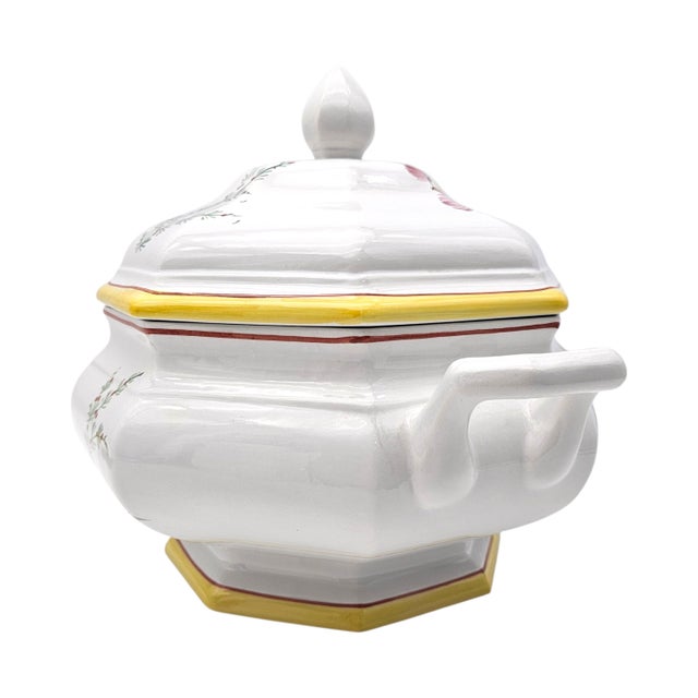 White Italian Hand-Painted Porcelain Soup Tureen Set, Octagonal Floral, 16" For Sale - Image 8 of 18