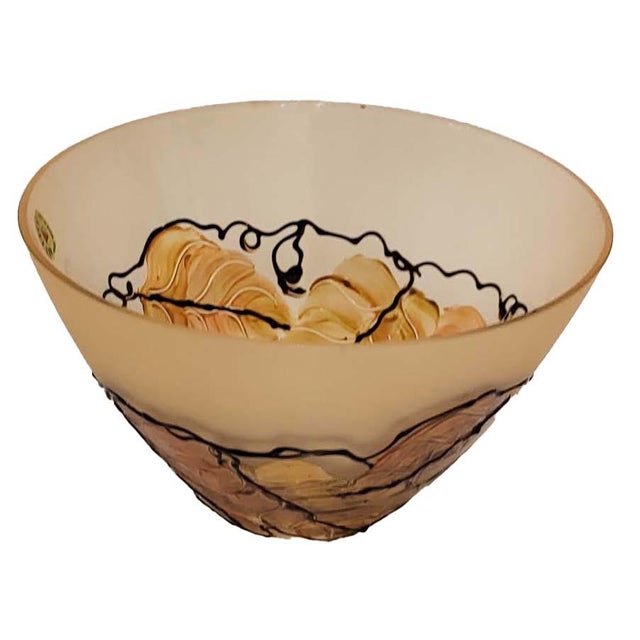 Art Deco Italian Art Deco Style Frosted & Amber Satin Glass Bowl With Raised Enamel Accent For Sale - Image 3 of 6