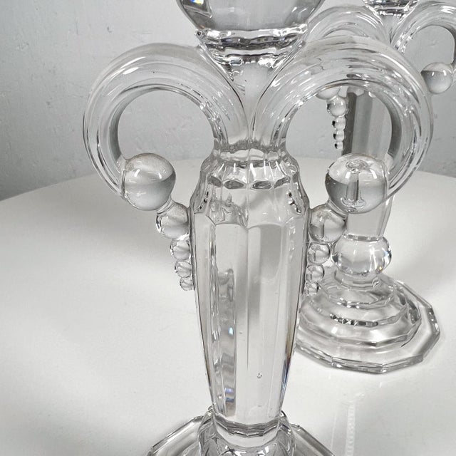 Art Deco Pair Crystal Candle Holders Scalloped Fleur De Lis Austria For Sale - Image 4 of 12