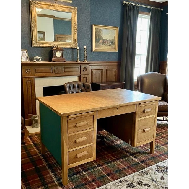 Vintage Solid Oak Pedestal Desk With Drawers For Sale - Image 11 of 11