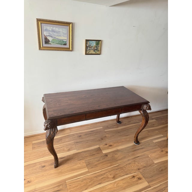 Early 20th Century Early 20th Century Walnut Writing Desk With Ram’s Head Carvings For Sale - Image 5 of 11