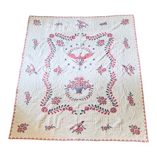 1960s Hand-Stitched Mid Century Modern Red, White, & Blue Cross Stitch Quilt For Sale