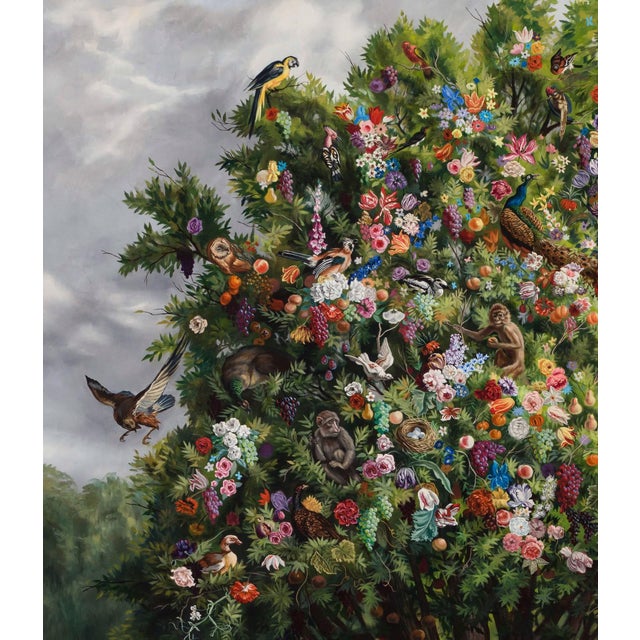 Early 21st Century Yggdrasil by Robin Hextrum | Oil on canvas Tree with animals and flowers in a landscape setting For Sale - Image 5 of 5