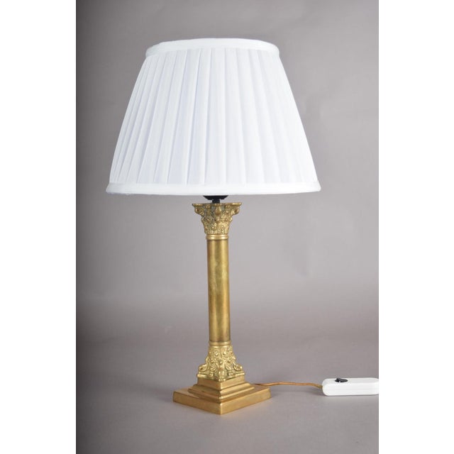 Metal NeoclassicalBrass Classical Column Table Lamp with Ornate Capital and Square Pedestal, Europe, 1950s For Sale - Image 7 of 17
