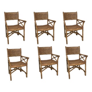 Vintage McGuire Leather Strapped, Rattan Campaign Chairs, 6 Available. For Sale