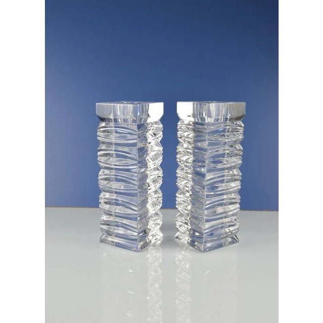 Pair of modernist style crystal candlesticks. Beautiful iridescences with light!