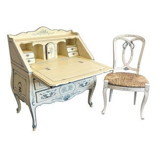 Vintage La Barge Hand Painted Blue and White French Secretary Desk and Chair For Sale
