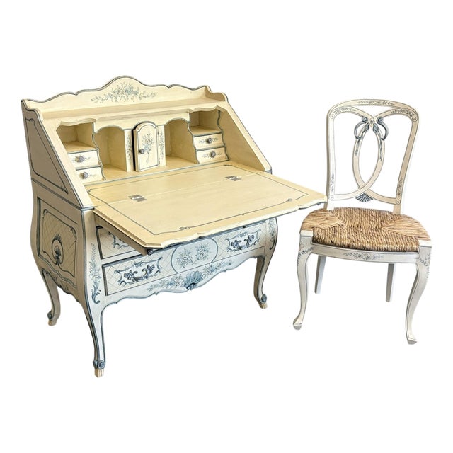 Vintage La Barge Hand Painted Blue and White French Secretary Desk and Chair For Sale