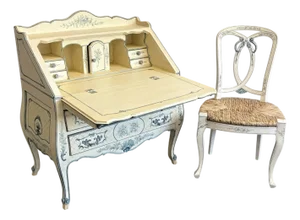 Vintage La Barge Hand Painted Blue and White French Secretary Desk and Chair