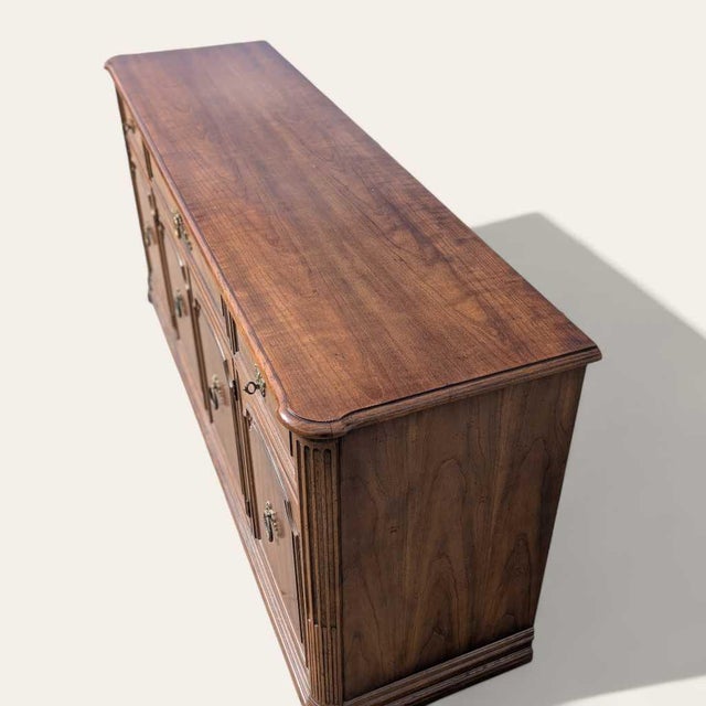 Henredon 1970s Credenza – Traditional Walnut Sideboard With Brass Pulls & Adjustable Shelving, 66” Vintage Cabinet For Sale - Image 9 of 18
