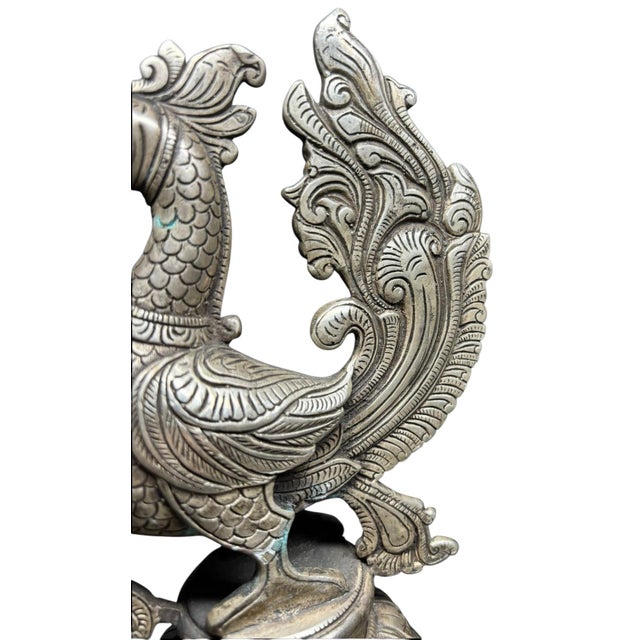 1950s Mid Century Indian Brass Tin Ceremonial Oil Lamp Swan Bird Yali, South India Hand Made For Sale - Image 5 of 10