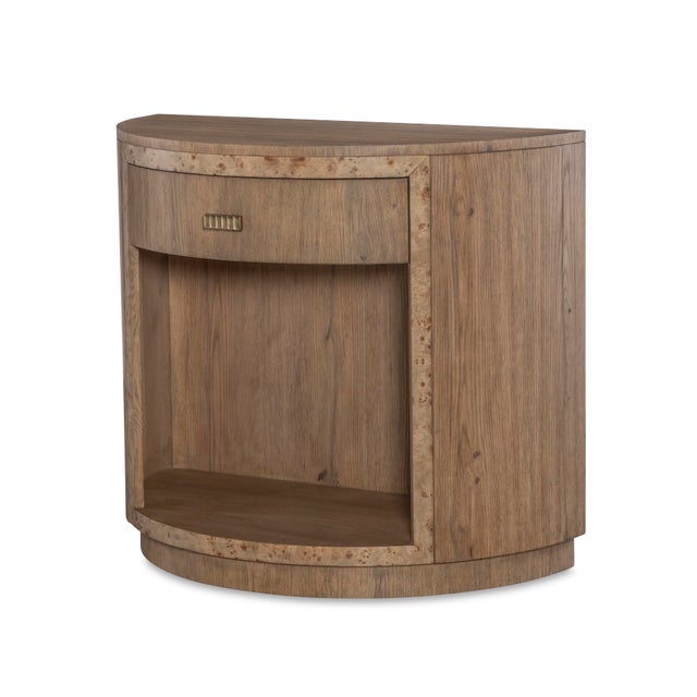 One soft-close drawer above open storage with aged bronze hardware pull