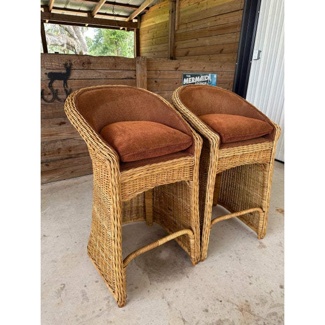 Tan Pair 1980’s Coastal Large Braid Rattan Bar Stools For Sale - Image 8 of 11