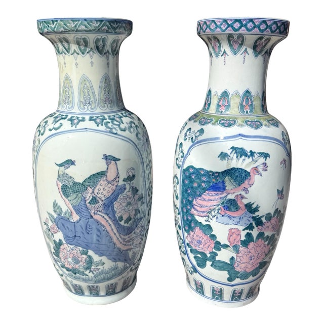 Vintage, Chinoiserie, 25” Tall Floor Vases For Sale
