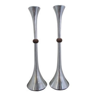 Quistgaard for Dansk Mid Century Modern Danish Aluminum & Wood Candlestick Pair For Sale
