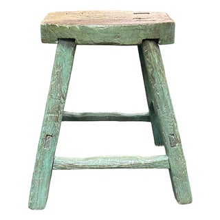 Rustic Bold Distressed Light Sage Green 4 Legs Wood Stool Side Table Stand For Sale