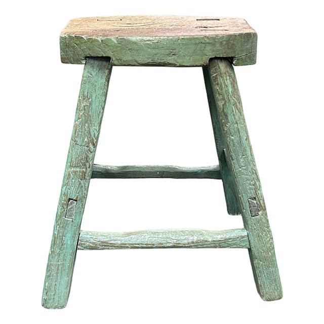 Rustic Bold Distressed Light Sage Green 4 Legs Wood Stool Side Table Stand For Sale