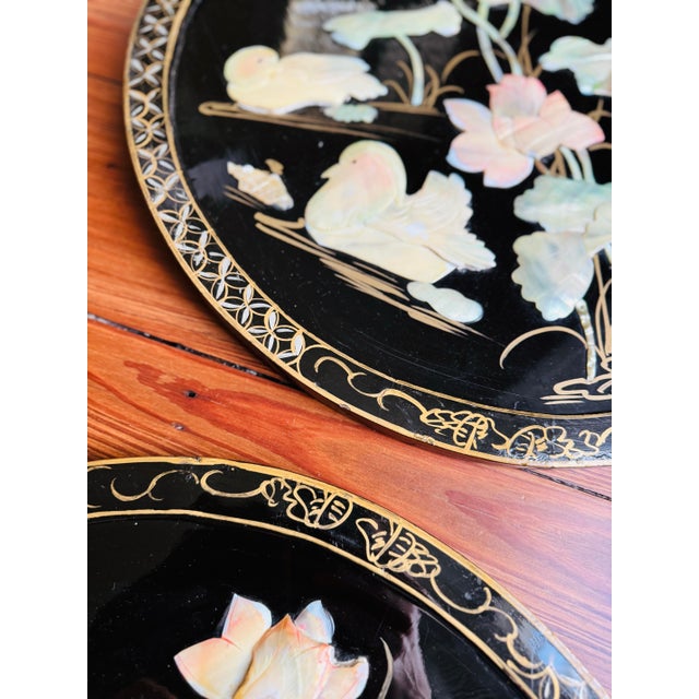 Black Chinoiserie Round Wall Art/Plaques With Mother of Pearl Inlay- A Pair For Sale - Image 4 of 12