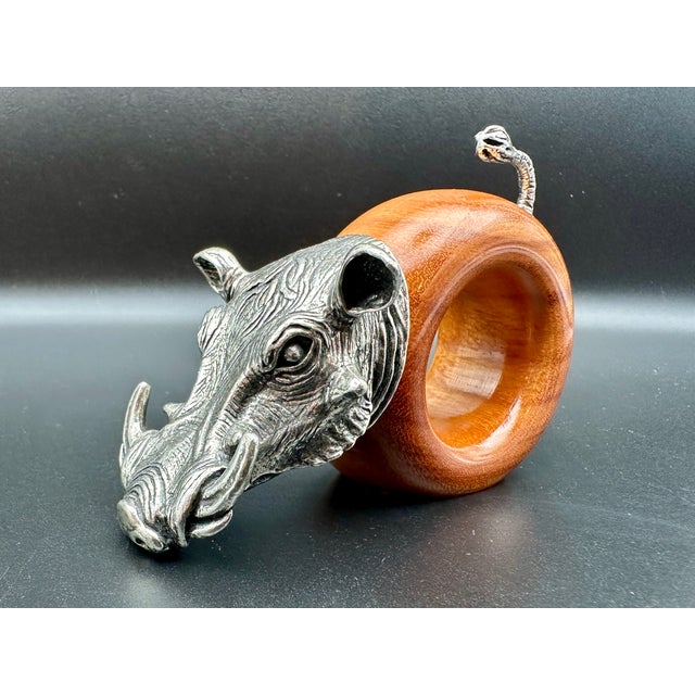 Vintage 1980s Makoulpa South African Pewter & Wood Safari Animal Napkin Rings – Set of 8 For Sale - Image 13 of 18