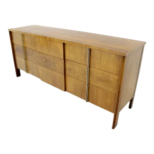 Mid Century Modern Burl Walnut John Widdicomb 9 Drawers Long Dresser Credenza