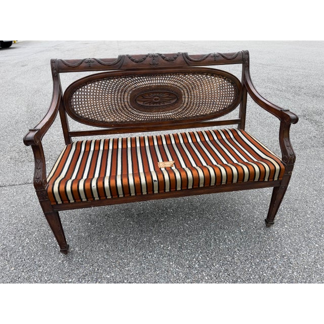 Vintage Regency Caned Mahogany Settee With Down Cushion For Sale - Image 9 of 12