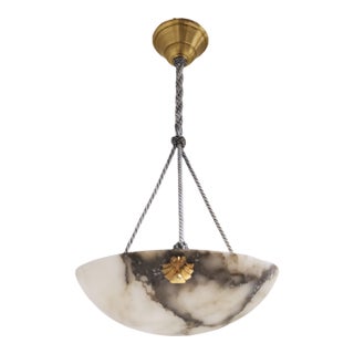 Creamy White + Gray Veined Original Alabaster Coupe W/ Shell Decor + Silvered Rope Cord For Sale