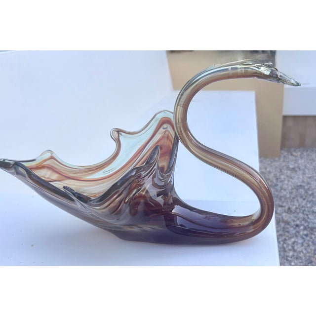 Brown Mid-Century Modern Murano Style Hand Blown Slag Glass Swan Bowl For Sale - Image 8 of 11