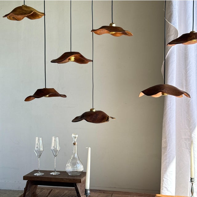 Small Wavy Leaf-Shaped Teak Pendant Light, 1980s For Sale - Image 4 of 18