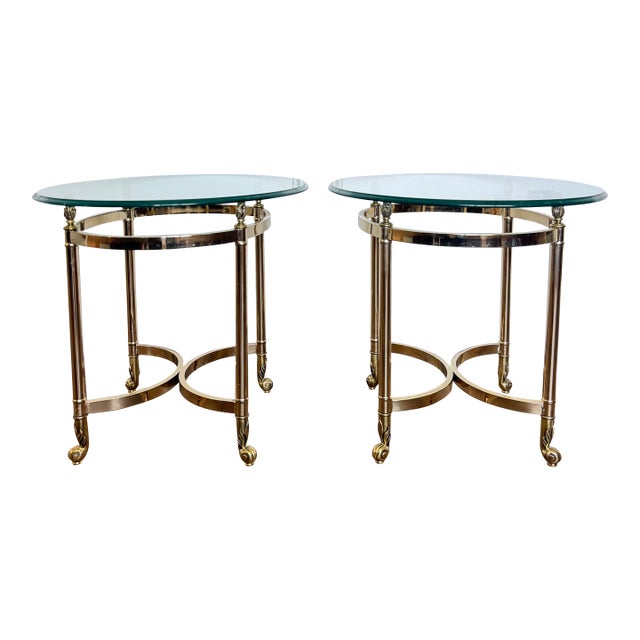 Pair of Vintage LaBarge Style Brass & Glass End Tables | Neoclassical Hollywood Regency For Sale