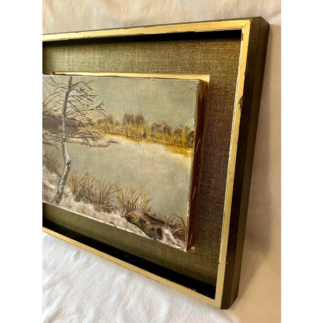 Vintage Original Landscape Winter Frozen Lake Oil on Canvas Signed by the Artist For Sale - Image 4 of 8