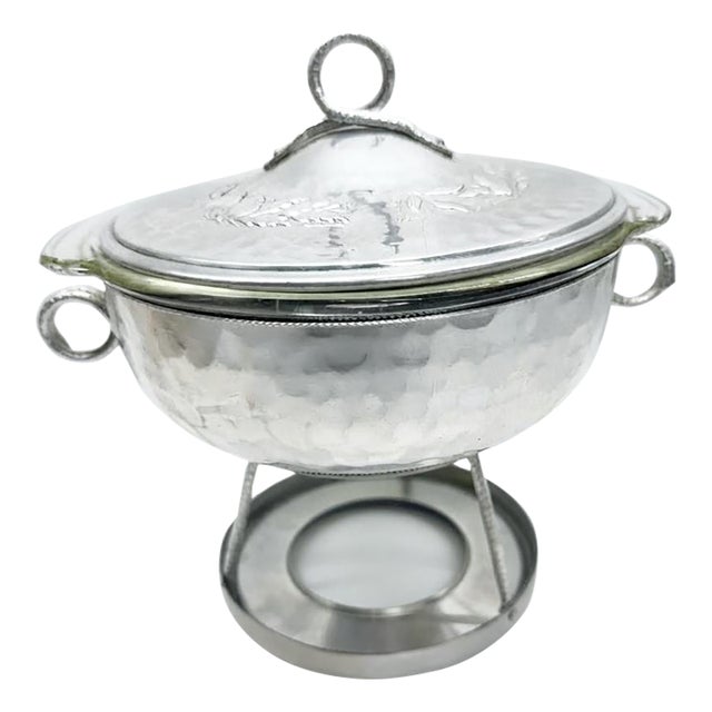 Vintage Mid-Century Hammered Aluminum Casserole Serving Dish With Stand and Glass Insert For Sale