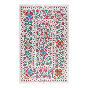 4.8x7 Ft Silk Embroidery Suzani Bed Cover, Uzbek Wall Hanging, Wall Decor Fabric