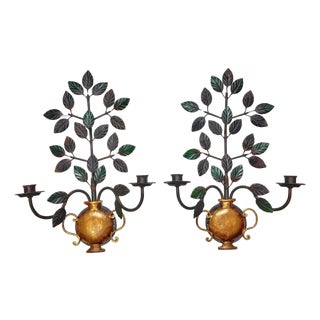 Pair Italian Neoclassical Wrought Iron & Gilt Urn Candle Sconces For Sale