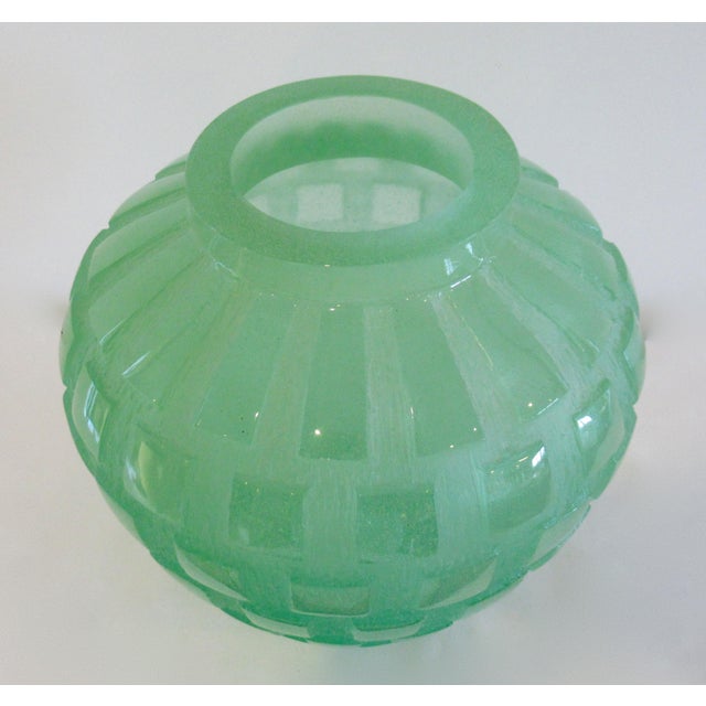 Daum France Crystal "Pate De Crystal," Celadon Green Geometric Raised Relief "Rhythmns," Vase/Vessel For Sale In West Palm - Image 6 of 18