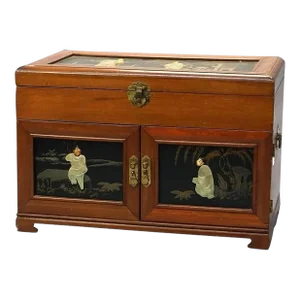 Oriental Inspired Chinese Jewelry Box With Carved Soapstone Inlaid Figures, Mid 20th Century