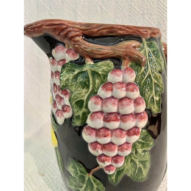 Black 1991 Fitz and Floyd Omnibus Collection Majolica Style Hand Painted Pitcher For Sale - Image 8 of 11