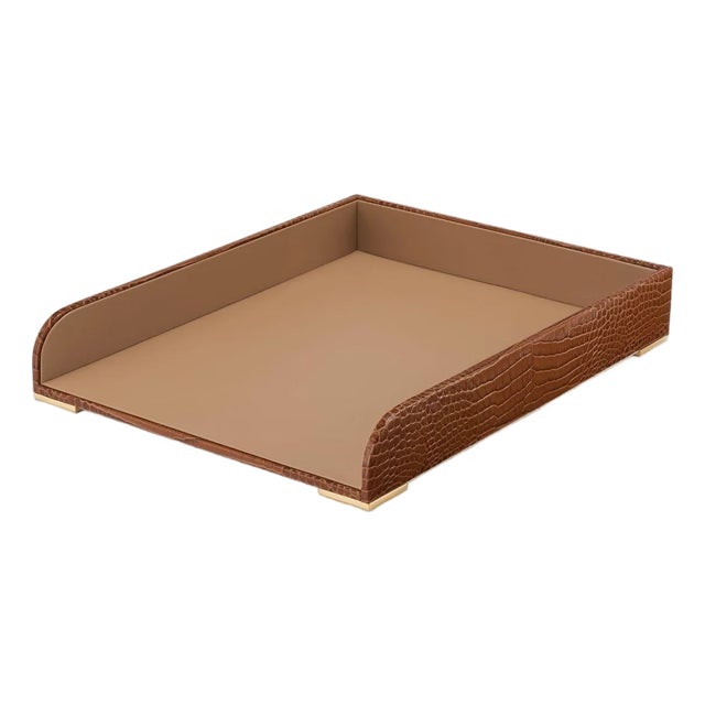 AERIN Classic Croc Leather Paper Tray, Chestnut For Sale