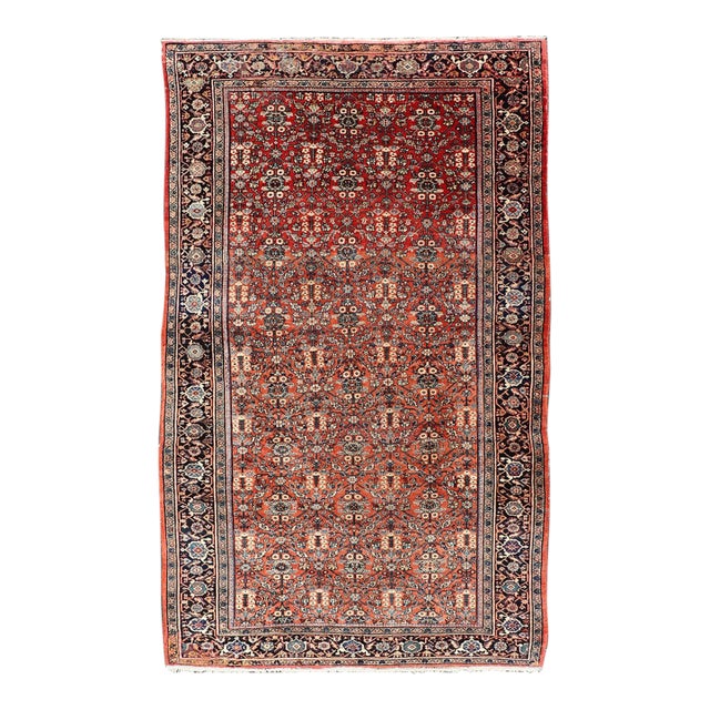 Antique Sultanabad Rug With Rich Red Field, Allover Design and Navy Blue Border 7'2 X 12'2 For Sale