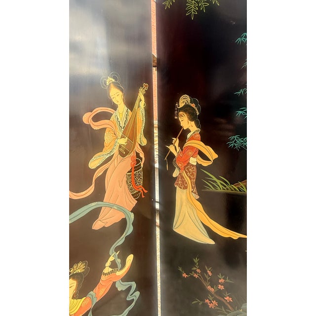 Vintage Chinese Chinoiserie Four-Panel Hand-Painted Black Lacquer Folding Screen For Sale - Image 10 of 14