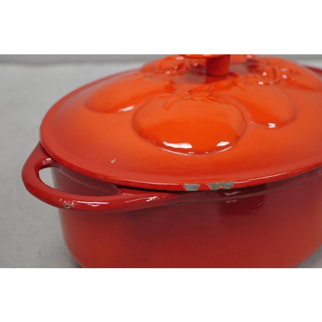 Technique 4 Quart Red Cast Iron Dutch Oven Covered Pot With Tomato Design on Lid For Sale - Image 9 of 13