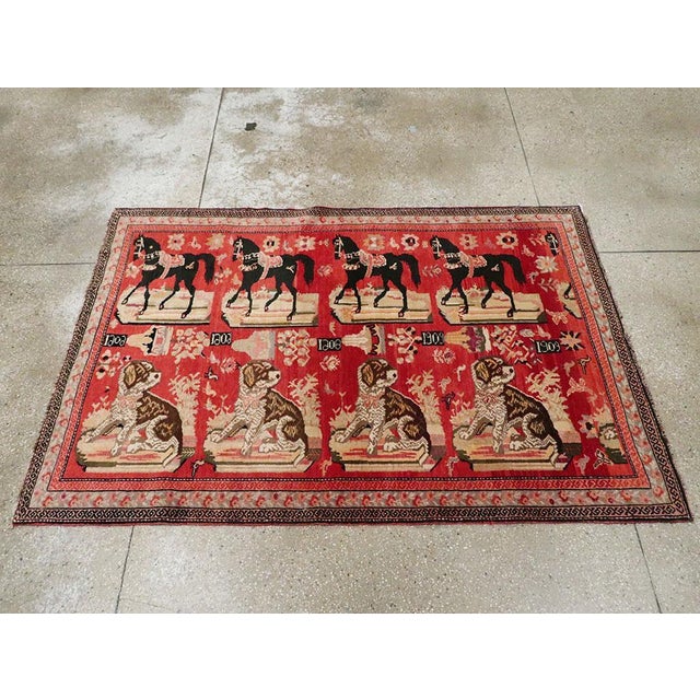 Rustic Early 20th Century Handmade Caucasian Horse & Dog Karabagh Pictorial Accent Rug For Sale - Image 3 of 7
