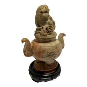Antique Chinese Hand Carved Soap Stone Statue Foo Dog Incense Burner