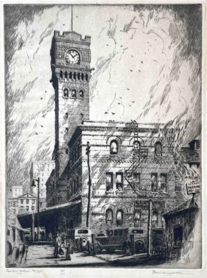 1929 Etching & Aquatint of Chicago's Dearborn Train Station by Morris Henry Hobbs