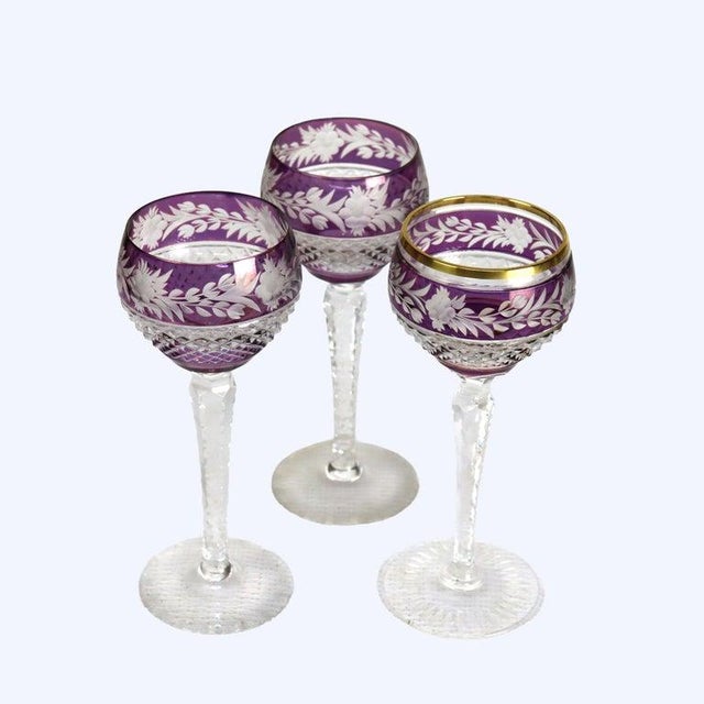 Three Antique Bohemian Amethyst Floral Cut To Clear Crystal Stemmed Wine Goblets C1910 Measures - 8 1/8" x 3 3/8" x 3 3/8"...