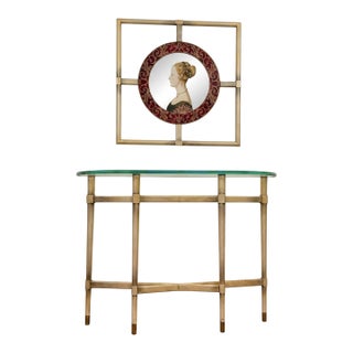 1940s Mid-Century Italian Renaissance Style Console and Etched, Hand-Painted Mirror For Sale