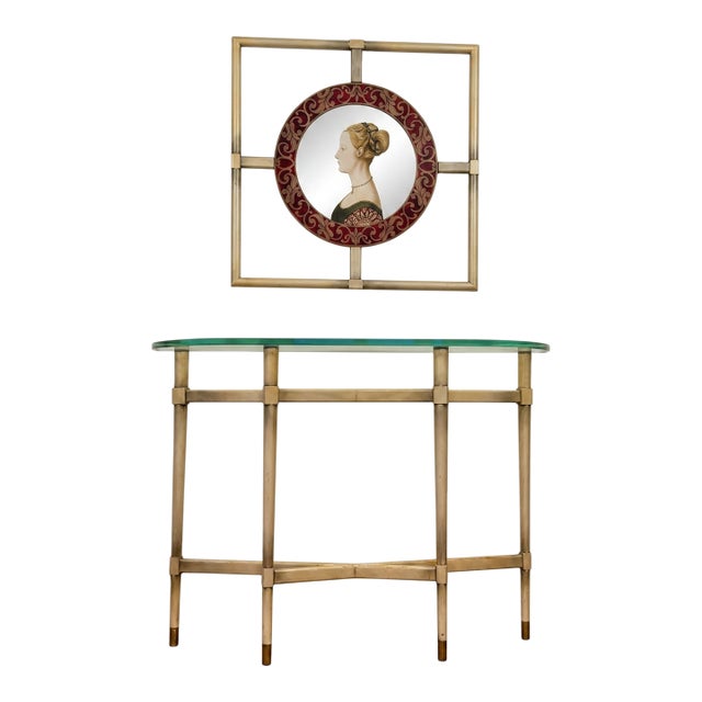1940s Mid-Century Italian Renaissance Style Console and Etched, Hand-Painted Mirror For Sale