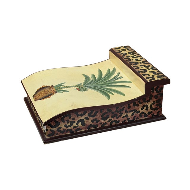 Distressed Leopard Print Pattern Green Plant Wood Lid Box For Sale - Image 4 of 7