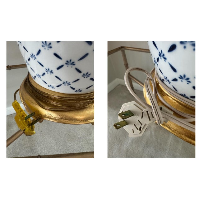 1980s Chinoiserie Hollywood Regency Blue and White Fishnet Table Lamps With Custom Fabric Shades - A Pair For Sale - Image 15 of 17