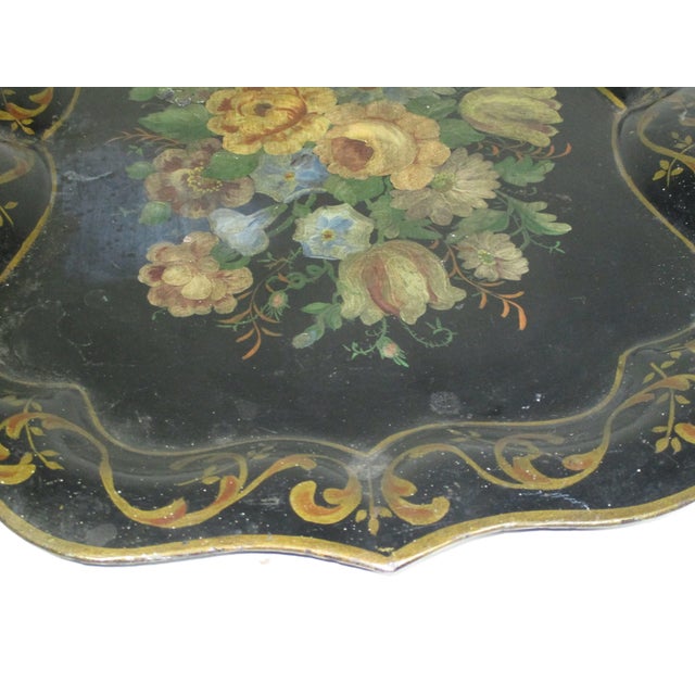 Metal Antique Hand-Painted Floral Tole Tray For Sale - Image 7 of 11