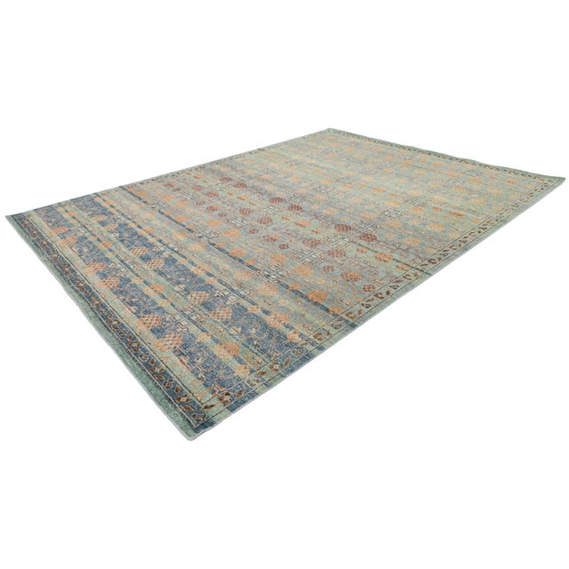 Vintage-Inspired Khotan Geometric Wool Rug – Earthy Sage, Terracotta, and Navy For Sale - Image 4 of 9